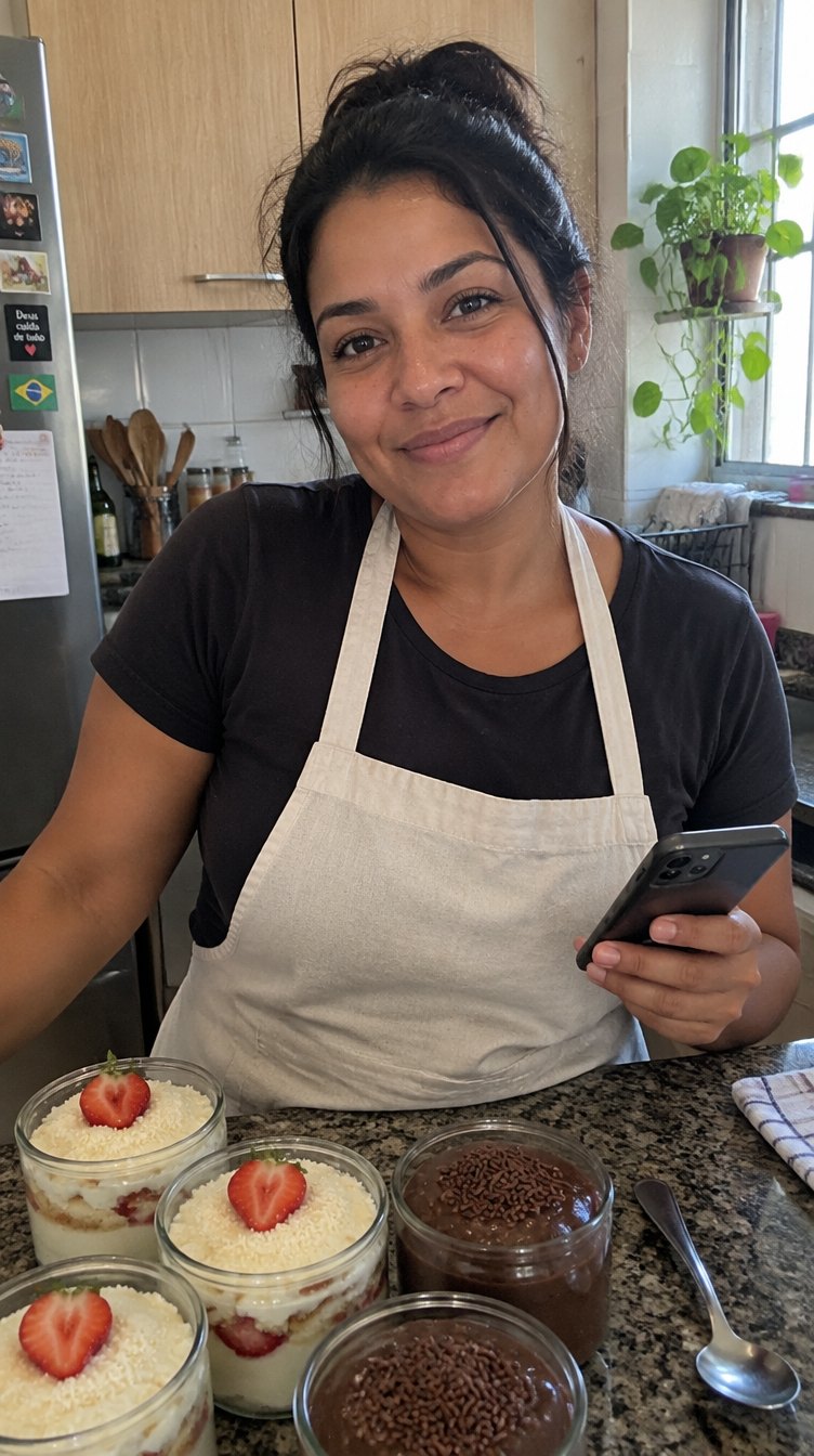 A Lu, na cozinha de casa, com o celular e os bolos de pote no balcão